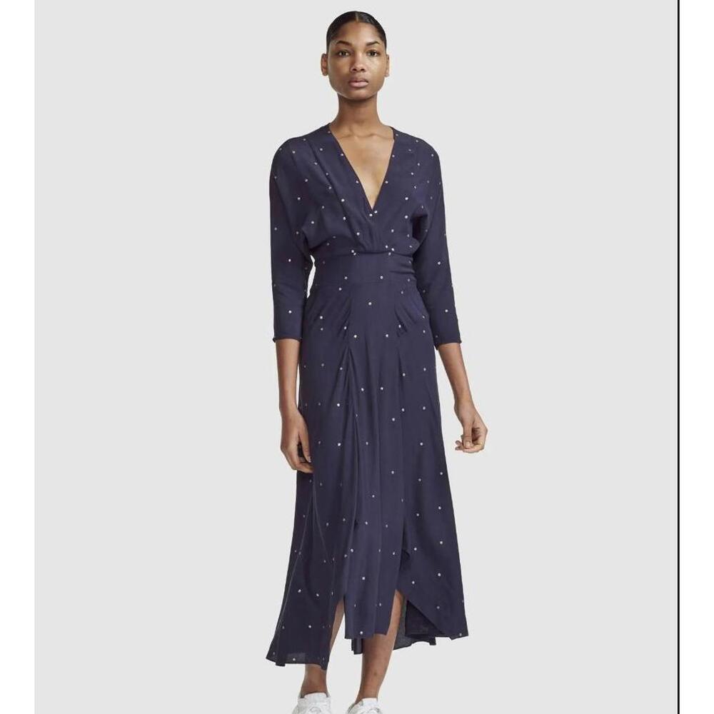 Maje Rolene Scarf 3/4 Sleeve Navy Silver Polka Dot Maxi Dress Stretch Waist Sz 1